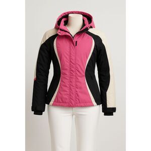 Obermeyer Women’s Pink/Black/White Ski Jacket – Size M, Hooded, Weatherproof